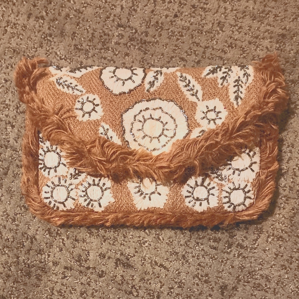 Tan and White Floral Embroidered Clutch
